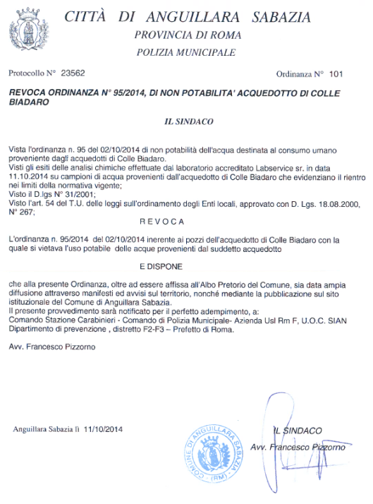 Revoca ordinanza di non potabilità acquedotto del Biadaro