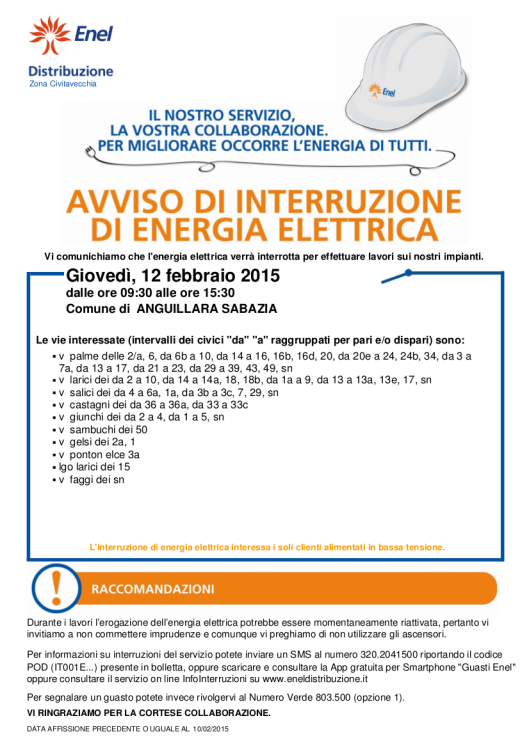 Locandina di avviso interruzione erogazione energia elettrica