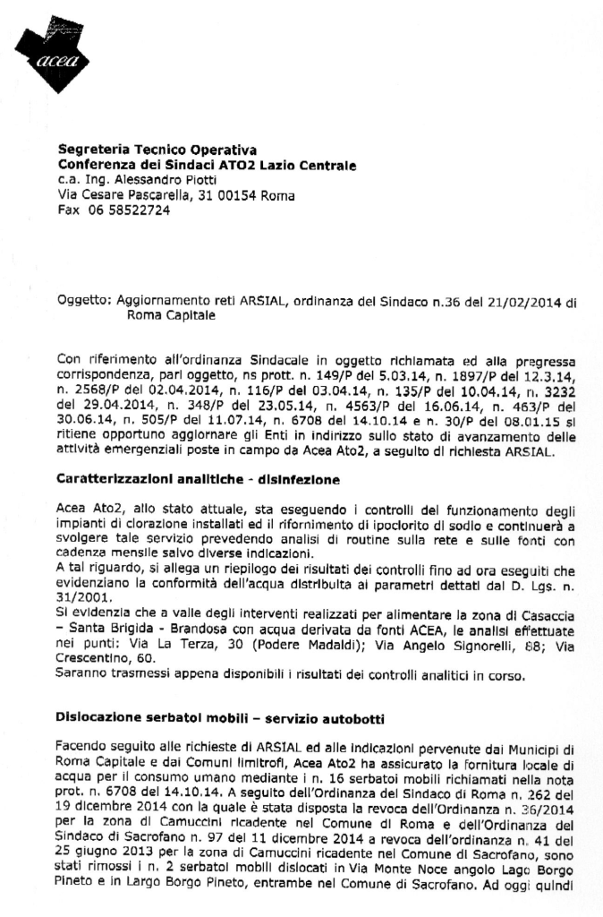 Nota dell'Acea Ato2 acquedotto Brandosa-Santa Brigida