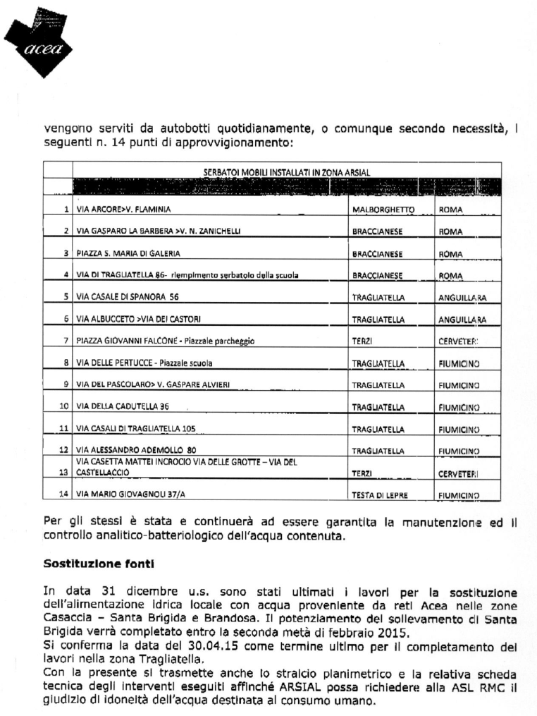 Nota dell'Acea Ato2 acquedotto Brandosa-Santa Brigida