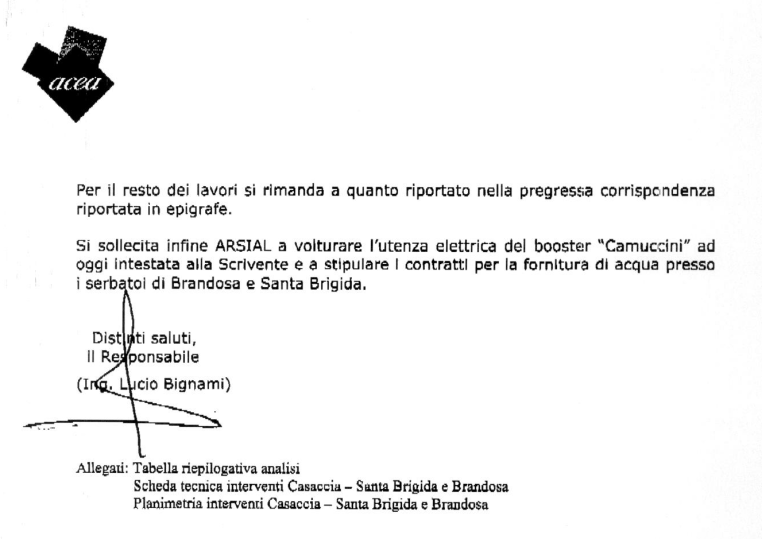 Nota dell'Acea Ato2 acquedotto Brandosa-Santa Brigida