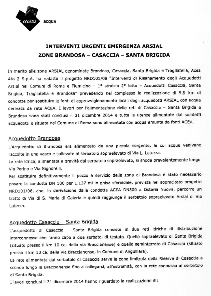 Nota dell'Acea Ato2 in merito ai lavori eseguiti